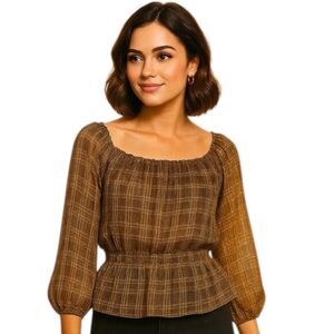 Knox Rose Size Large Shimmering Brown Black Gold Plaid Blouse Sheer Lined Peplum